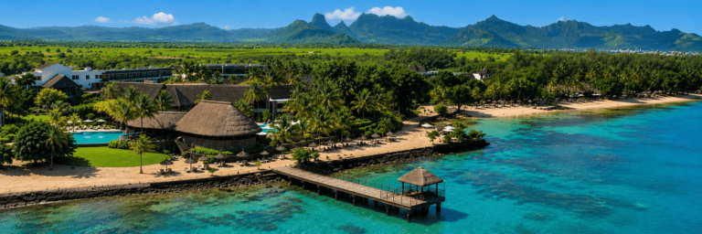 Scenic view of Maritim Resort & Spa in Mauritius with lush greenery and turquoise waters.