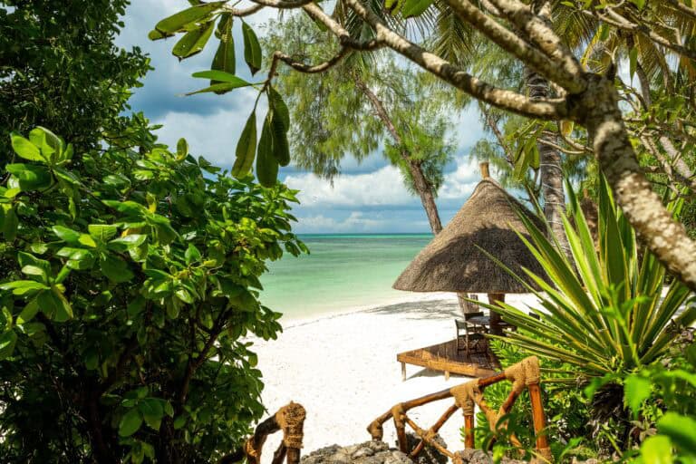 Scenic tropical beach with lush greenery and thatched hut on white sand.